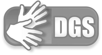 Logo für die Deutsche Gebärdensprache, zu sehen sind zwei Hände und die Abkkürzung DGS